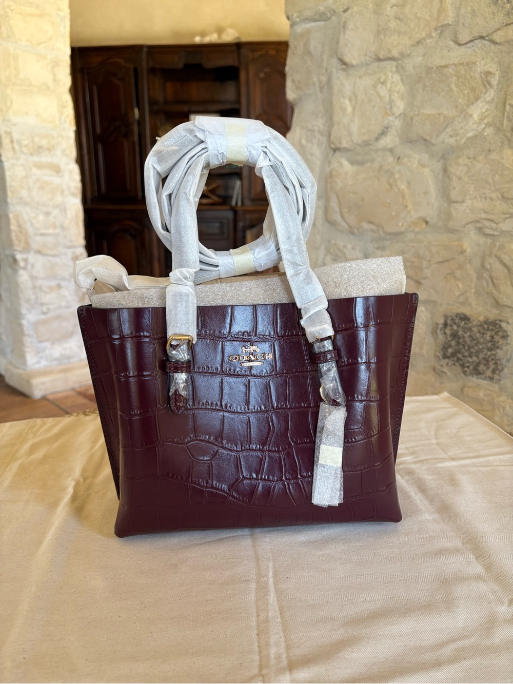 Coach Croc-mollie 25 Embossed Leather Tote in Deep Burgundy